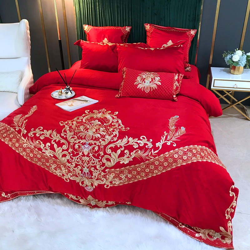 欧式高档大红色婚庆四件套全棉纯棉床单刺绣被套婚房结婚床上用品